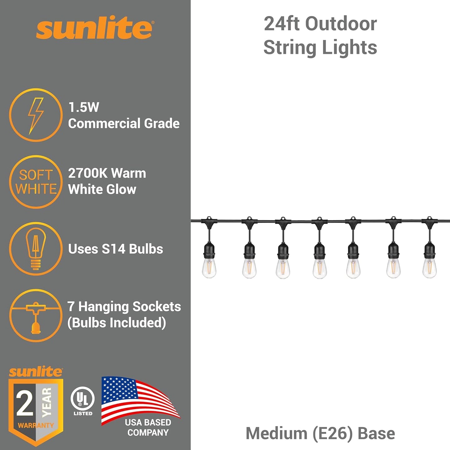 Sunlite 80571 24ft Outdoor String Lights, 1.5W Commercial Grade, Waterproof, Linkable Strands, UL Listed, 7 Hanging Sockets, Shatterproof LED Edison Bulbs Included, 2700K Warm White