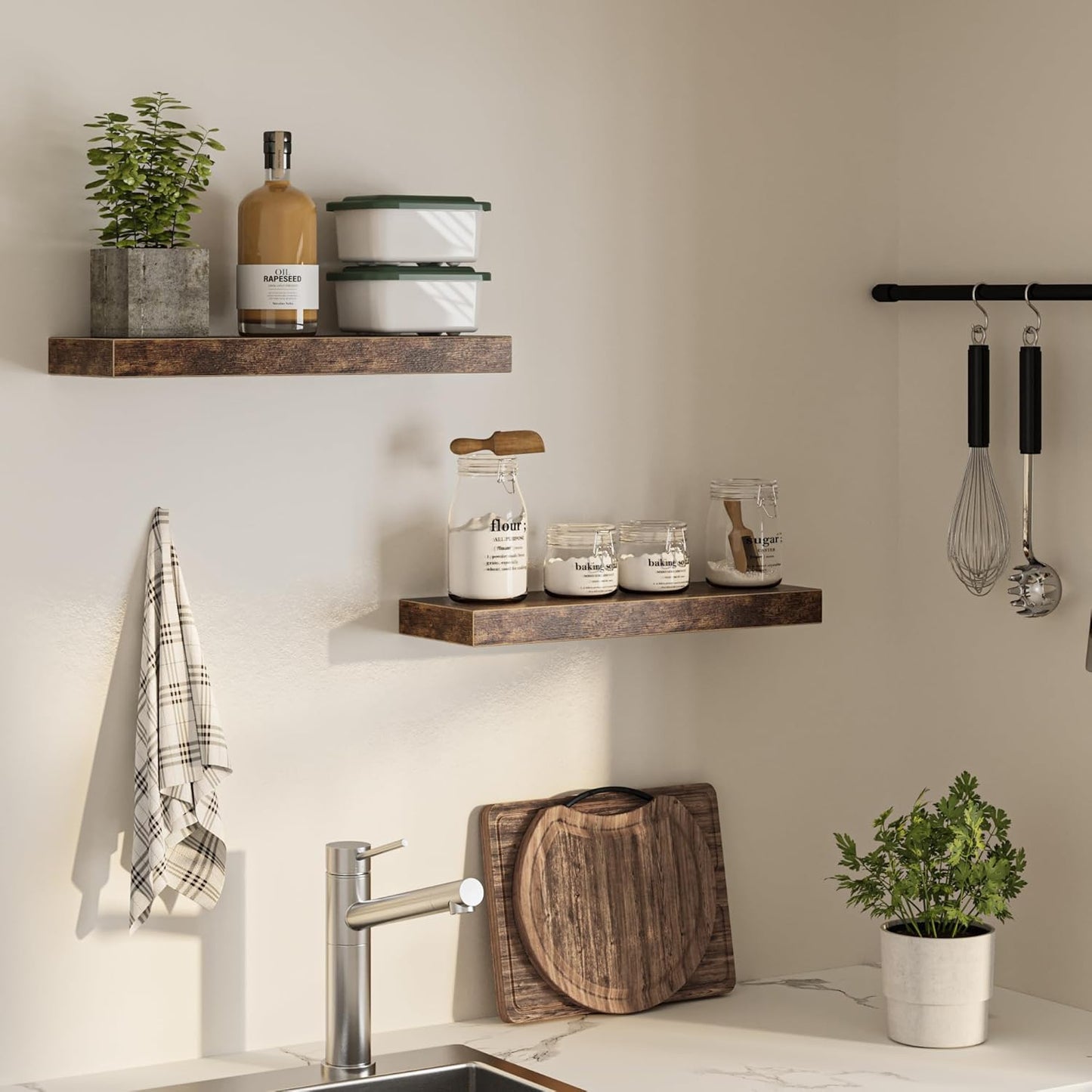 Floating Shelves for Wall, 24"W x 6.7"D x 1.5"H, Wooden Wall Mounted Display Shelf with Invisible Brackets for Living Room, Bedroom, Bathroom, Kitchen Decor and Storage, Set of 2, Rustic Brown