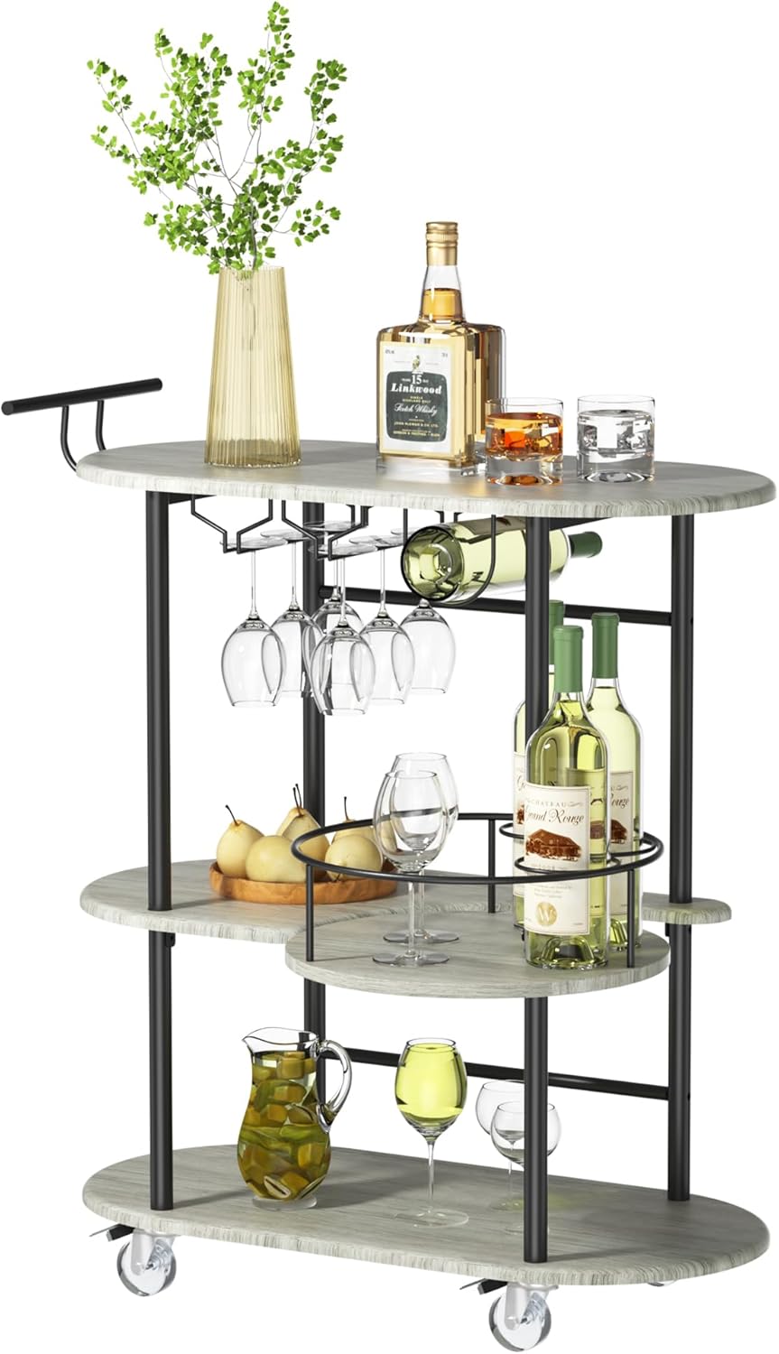 Light Gray Bar Carts with 4-Tier Storage Shelves, Mobile Bar Serving Cart with Wine Rack and Glass Holder, for The Home, Kitchen, Living Room, Dining Room