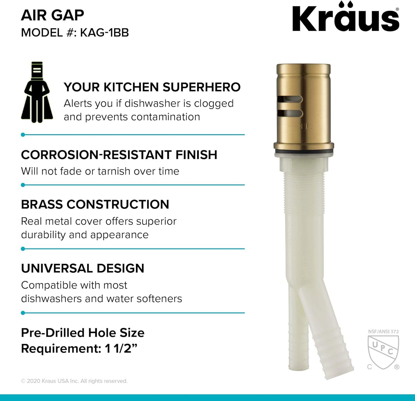 KRAUS Dishwasher Air Gap in Brushed Brass, KAG-1BB