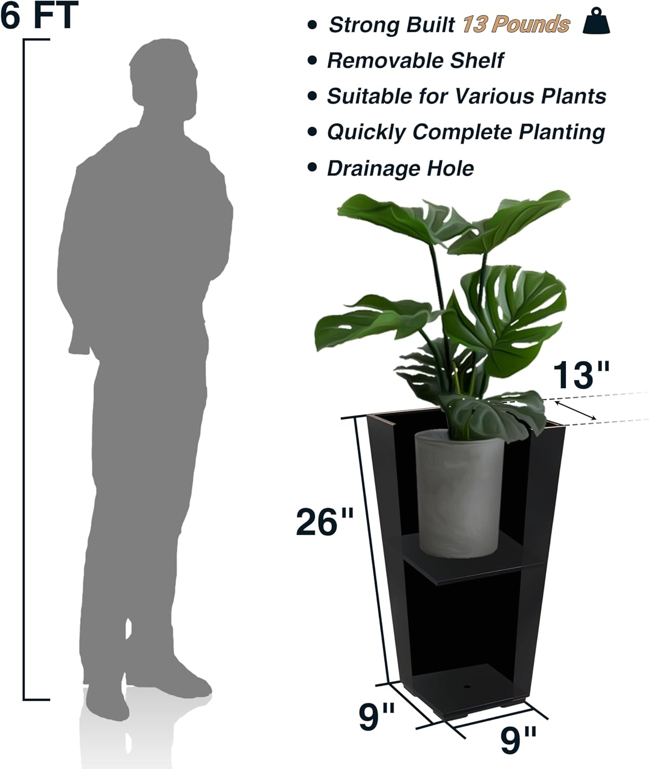 26 Inch Planter Tall Tapered Planter for Front Porch, Patio, Deck, Garden Indoor/Outdoor Tree Planters, Set of 4, Black with Copper Hand Brushed Rim