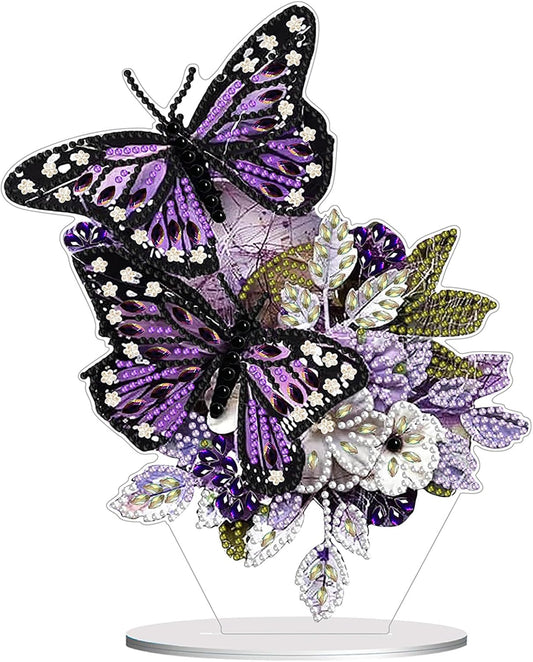Diamond Painting Kits for Adults Beginners, 5D Full Drill Flowers and Butterfly Crystal Art Desktop Ornament, DIY Single Sided Home Office Desk Decor, Creative Craft Gift Set with Tools