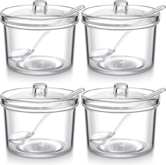 Patelai 4 Pieces Sugar Bowl Acrylic Clear Sugar Bowl with Lid and Salt Spoon Storage Jar with Airtight Lid for Salt, Tea, Spices, Herbs, Condiments(7.1 oz)