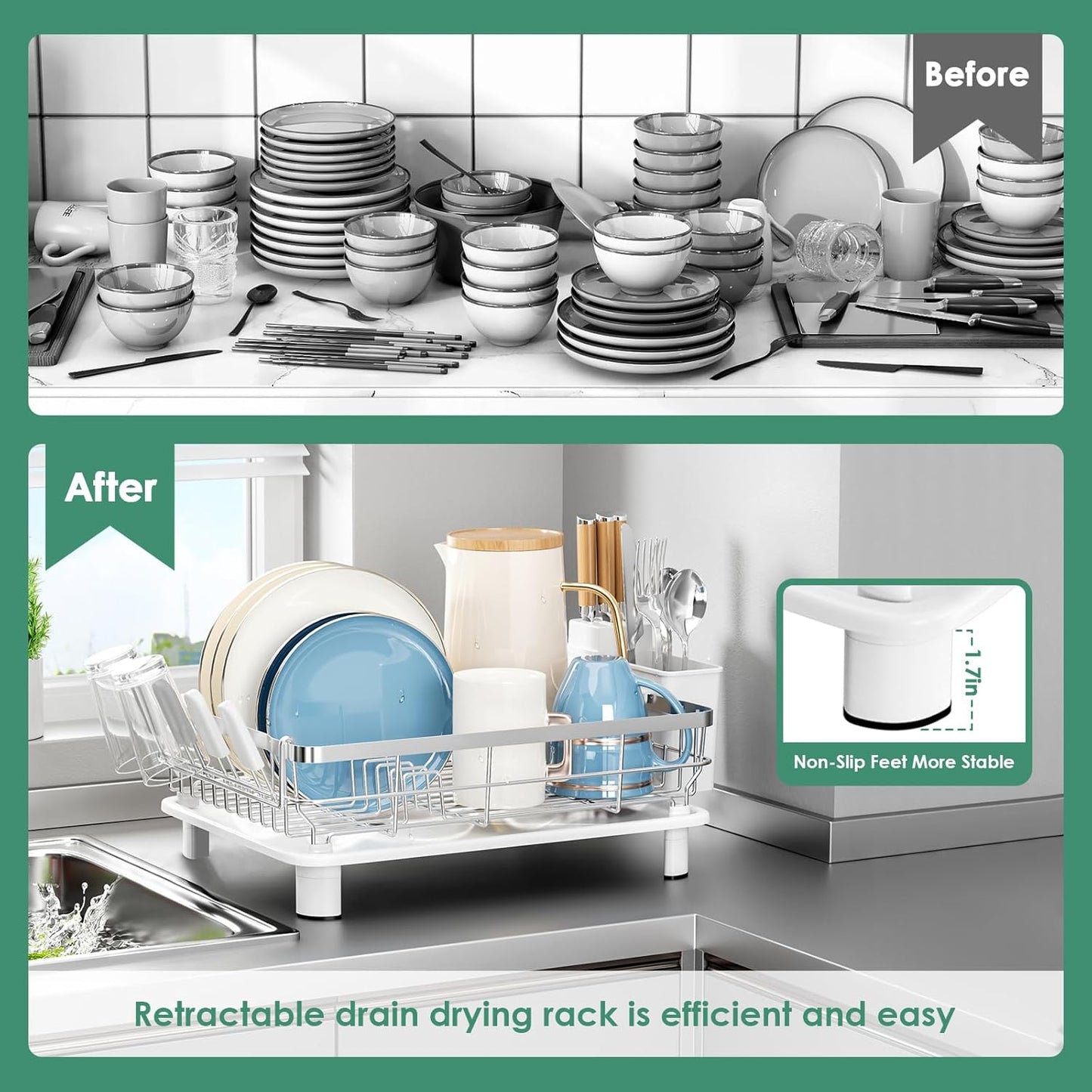 MOUKABAL Dish Drying Rack - Stainless Steel Dish Rack, Dish Racks for Kitchen Counter, Drying Rack Kitchen with Removable Utensil Holder, Drainboard and Glass Organizer (White)