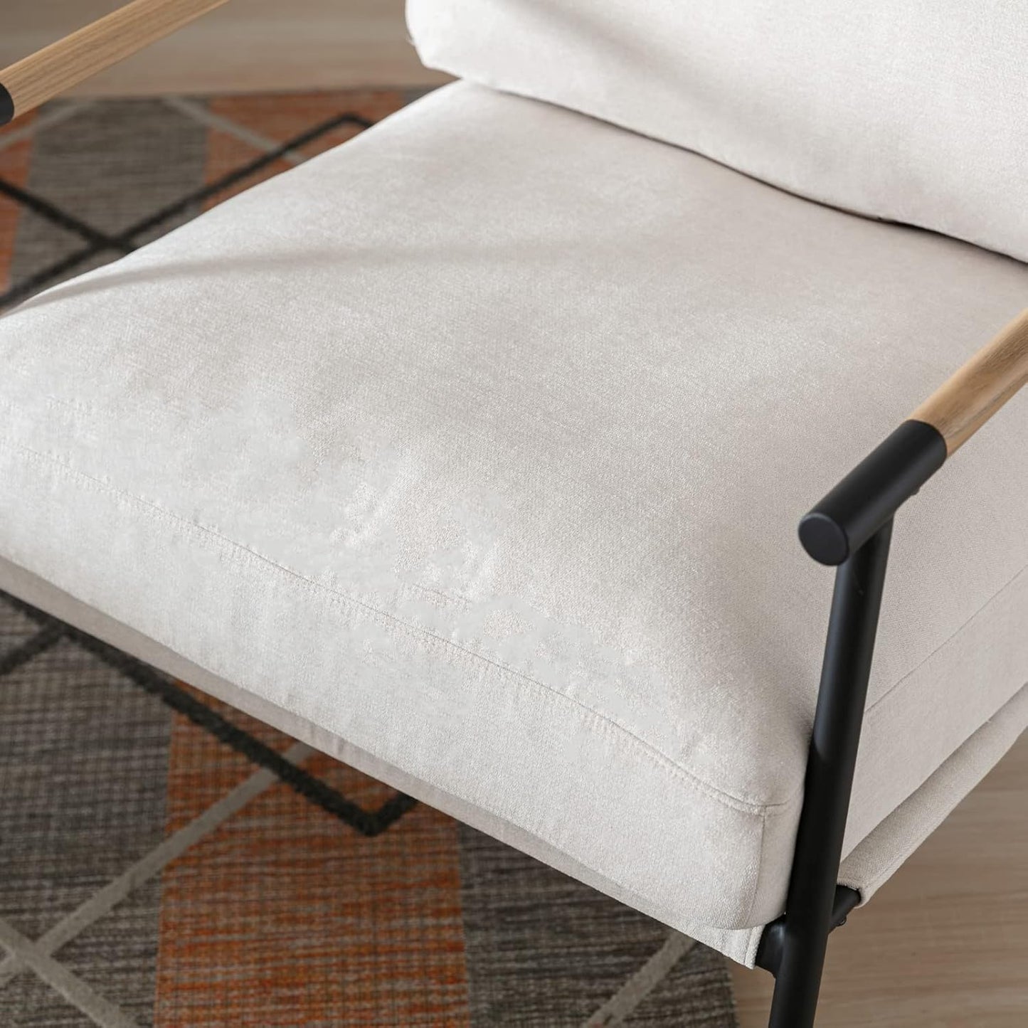 Mid-Century Accent Chair, Soft Armchair Chenille Fabric Lounge Chair with Black Metal Legs, Upholstered Leisure Chair for Living Room Bedroom Reception Room, 1PC, Beige