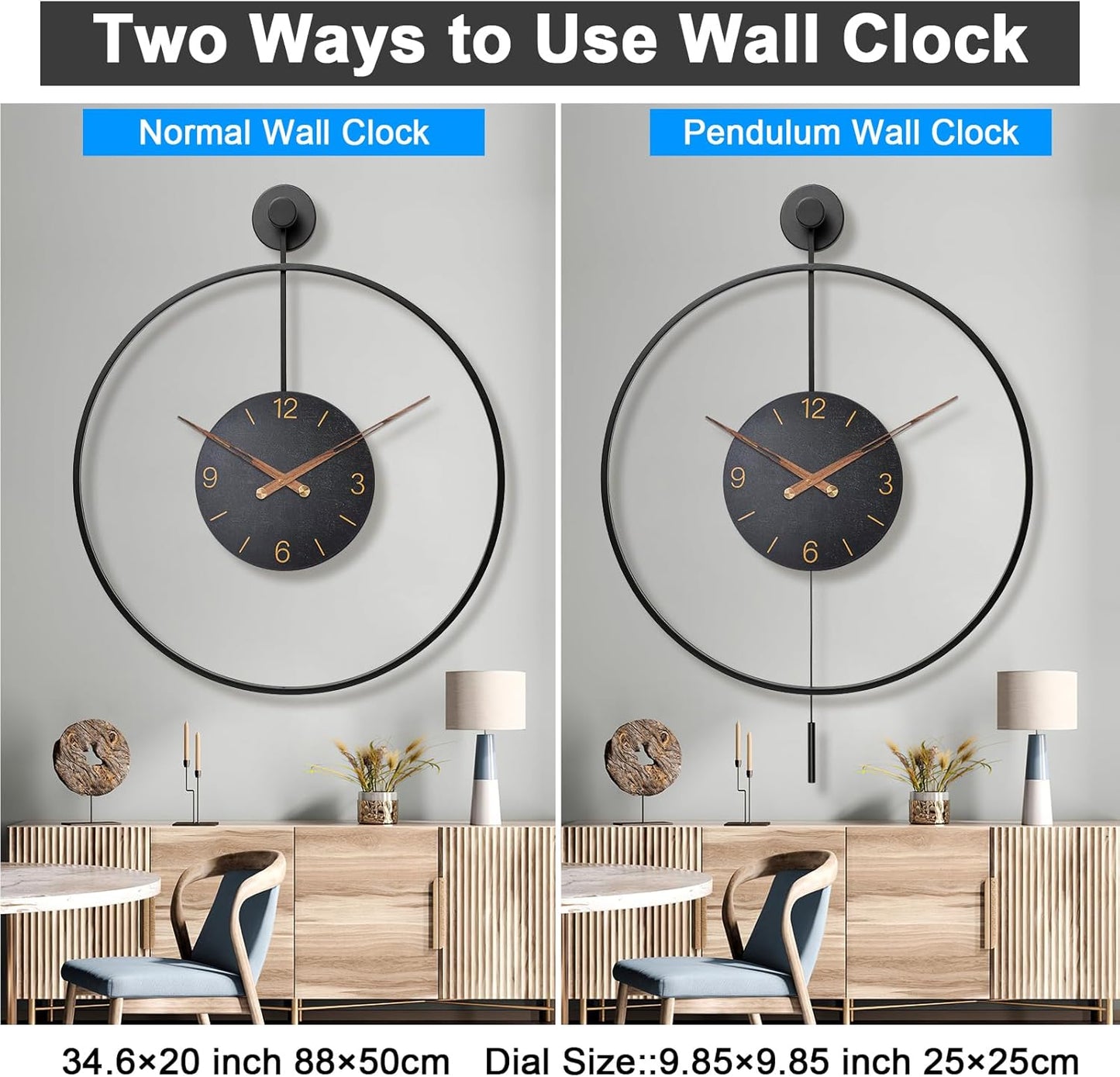 Large Modern Wall Clock,34.6×24 Inch Big Metal Minimalist Arabic Numeral Dial,Decorative Farmhouse Pendulum Wall Clocks with Walnut Pointers forLiving Room Decor, Office,Dining Room