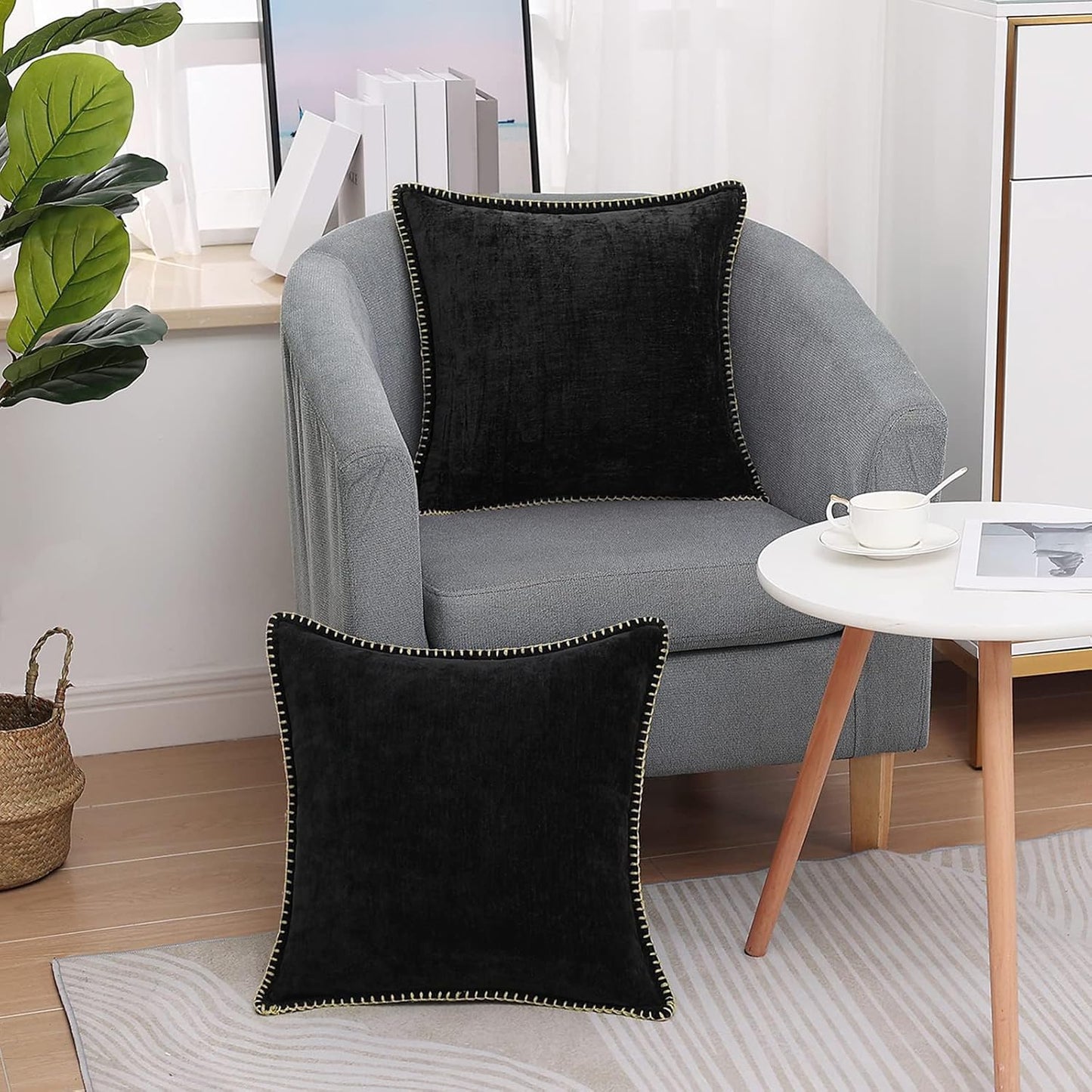 decorUhome Chenille Soft Throw Pillow Covers 16x16 Set of 2, Farmhouse Velvet Neutral Decorative Euro Pillow Covers with Stitched Edge for Couch Sofa Bed Home Decor, Black