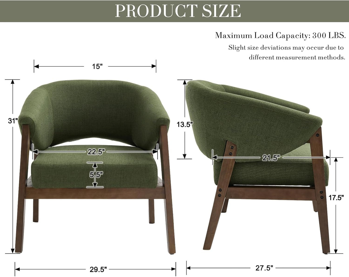 Mid-Century Modern Accent Chair, Comfy Barrel Armchair with Wide Seat, Upholstered Lounge Chair with Walnut Wood Legs for Living Room/Bedroom/Reading Corner, Linen Fabric, Deep Green, 1PC