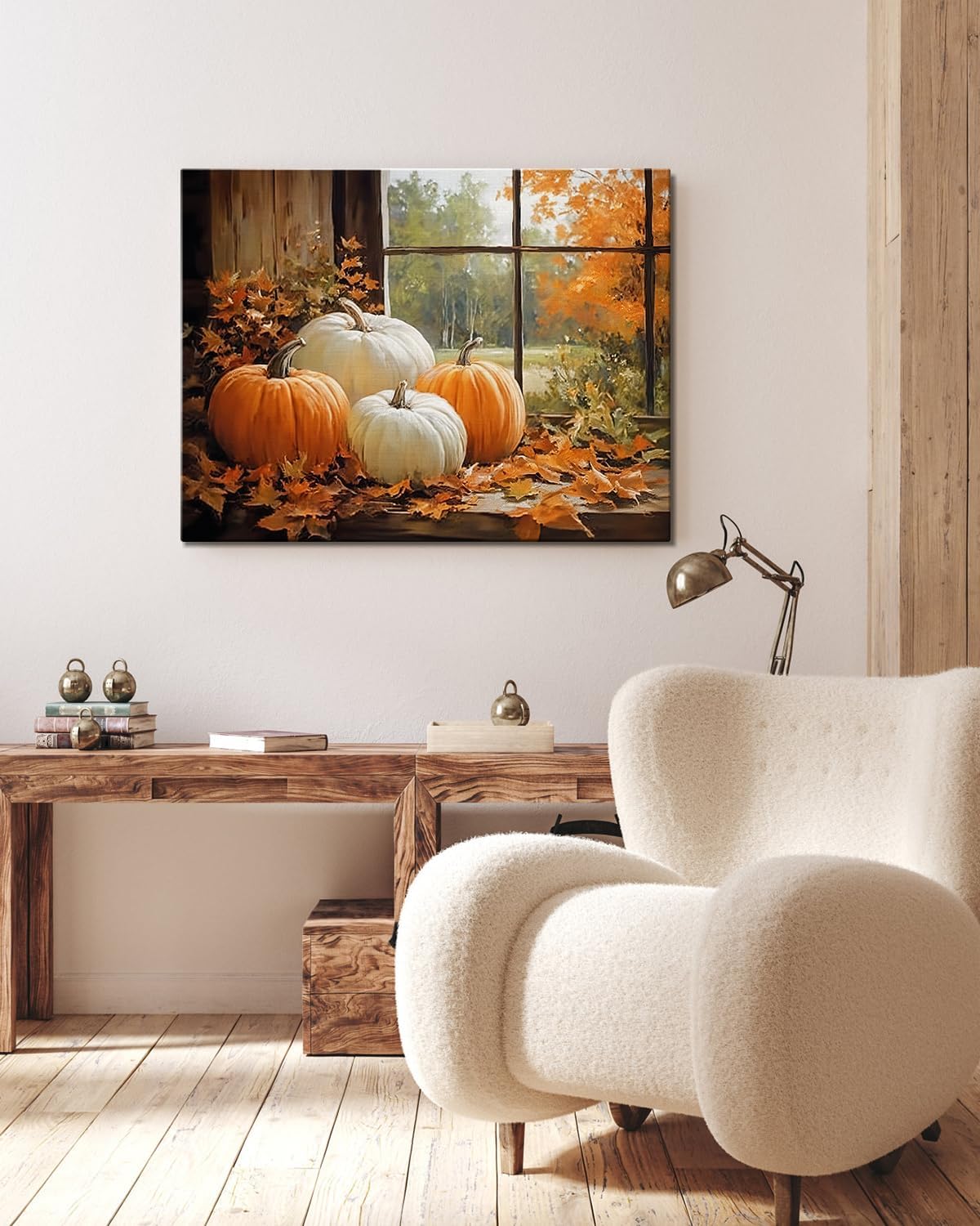 Vintage Pumpkin Window Fall Wall Art Decor, Farmhouse Barn Canvas Print with Autumn Harvest Theme, Framed Thanksgiving Decorations for Country Home, Ready to Hang