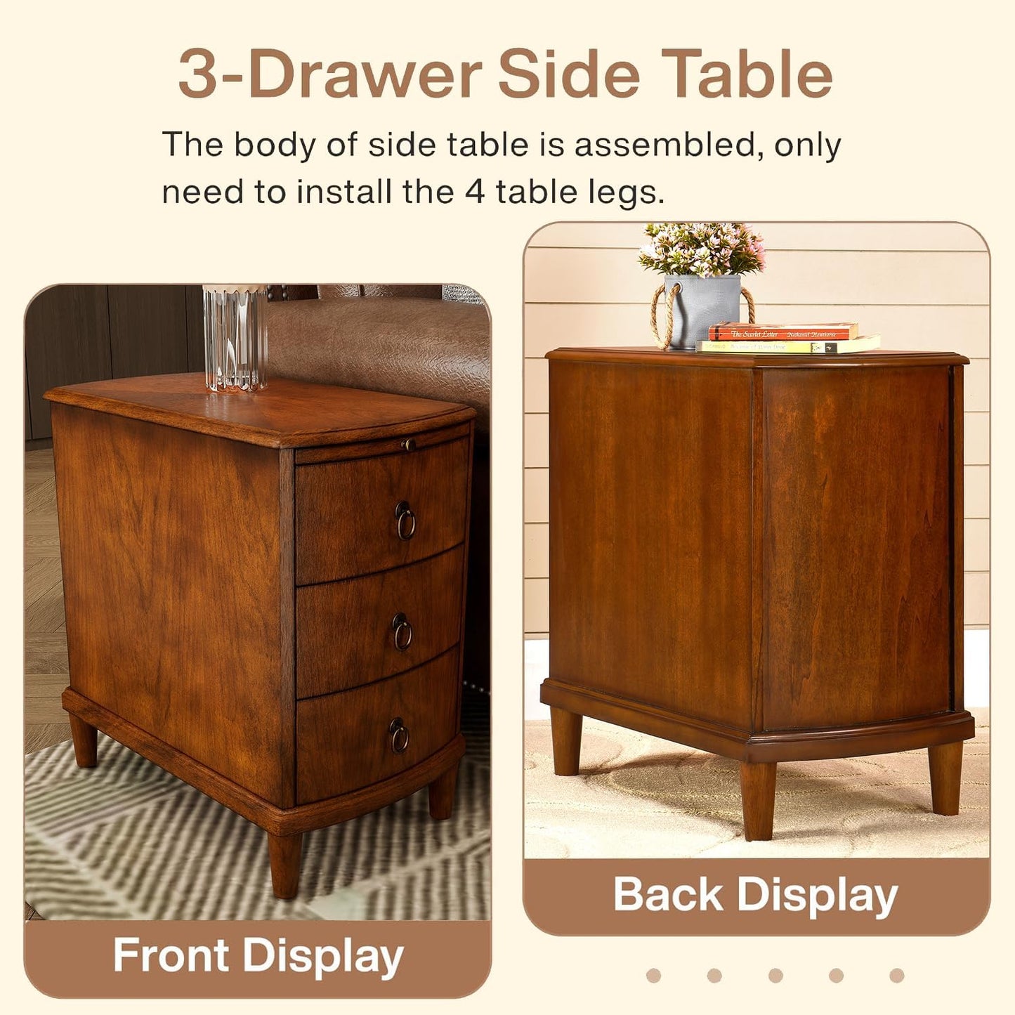 Set of 2 Solid Wood End Table with 3 Drawers, Fully Assembled Nightstand with Sliding Shelf, Pre-Assembled Vintage Wooden Beside Tables In Cherry Brown for Small Space,13.4*22.4*22.6in