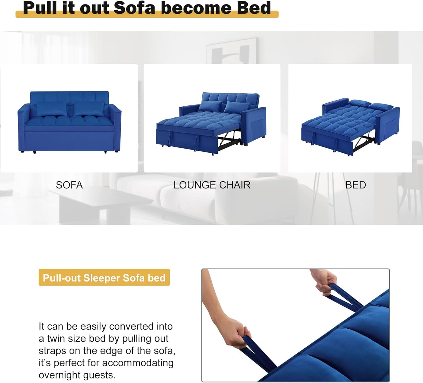 3 in 1 Sleeper Sofa Beds, Futon Sofa Bed for Living Room with Side Pocket, Sleepers Couch with Pullout Bed, Convertible Love Seat Sleepers Couch for Living Room, Bedroom, Small Space, Blue