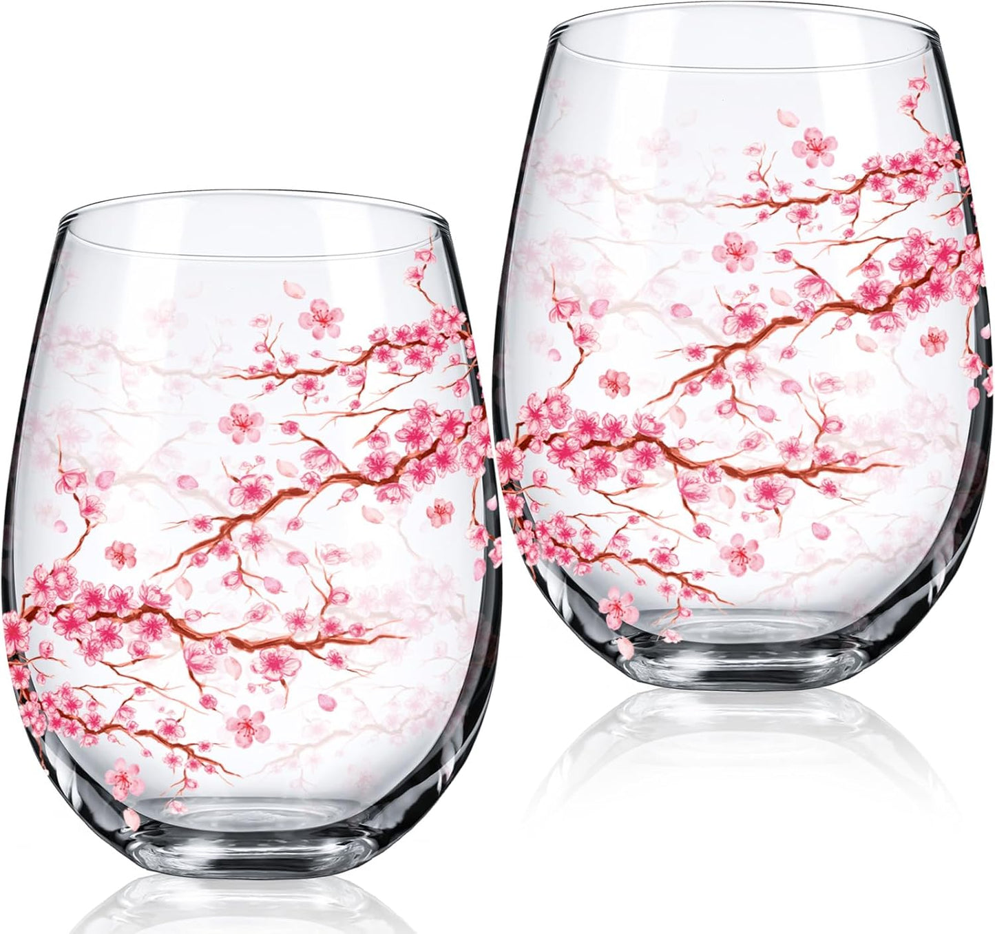 Sliner 2 Pack 17oz Cherry Blossom Stemless Wine Glasses Floral Drinking Glasses Cherry Blossom Tumbler Cups for Women Birthday Anniversary Gift Parties Supplies