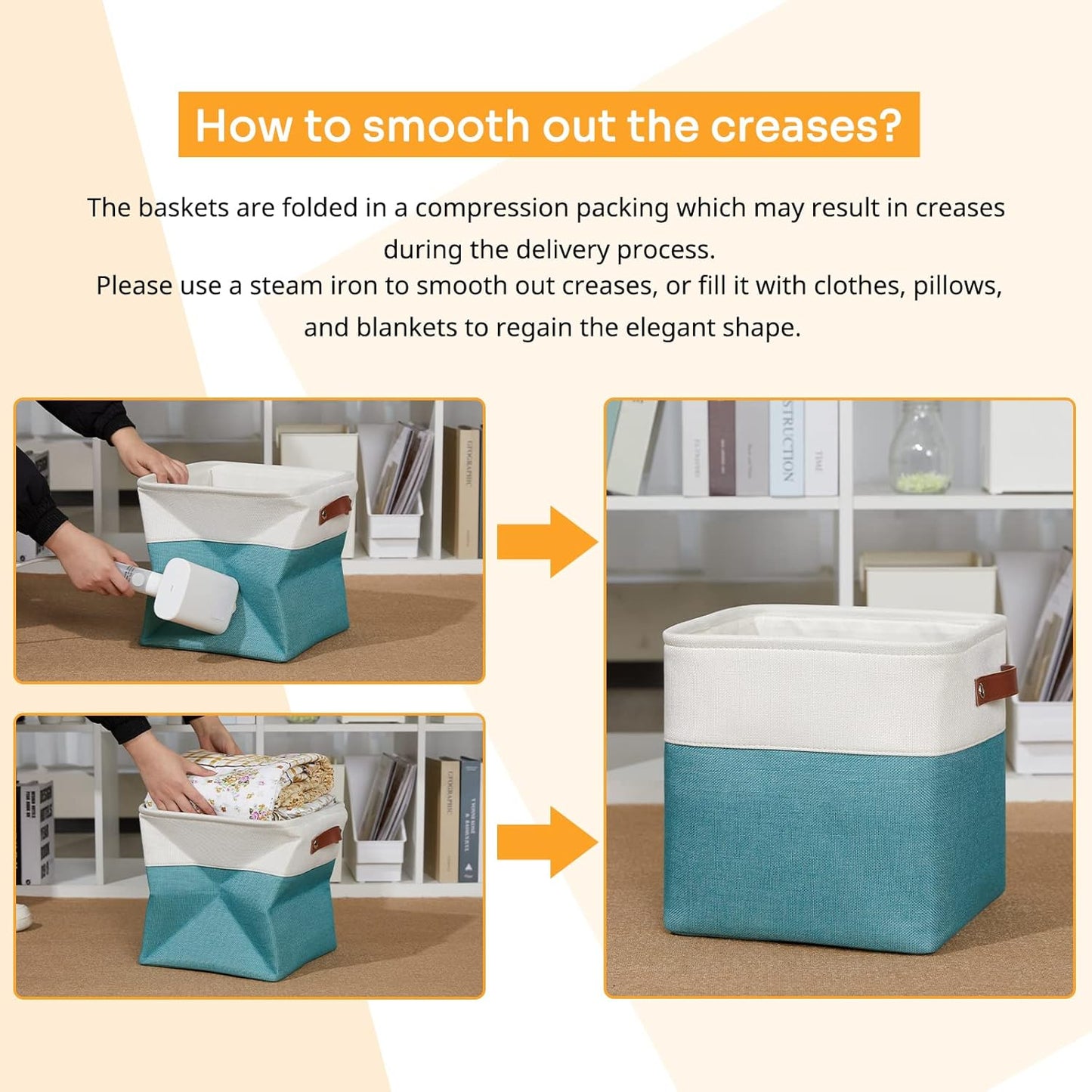 DULLEMELO Foldable Storage Cubes 11 x 11 Organizer Bins,Canvas Storage Bins Empty Gift Baskets for Organizing with SturdyLeather Handles, Closet Baskets for Nursery Storage(4 Pack - 11" White&Teal)