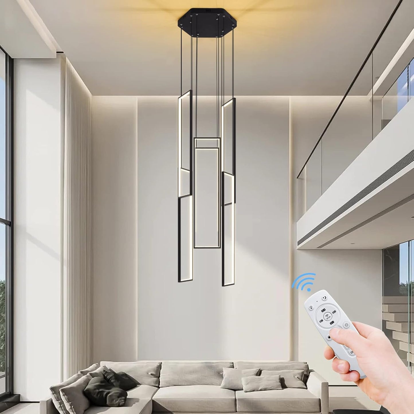 Modern Led Chandelier - Adjustable Black Lighting Fixture for High Ceiling, Suitable for Living Room, Staircase, Villa