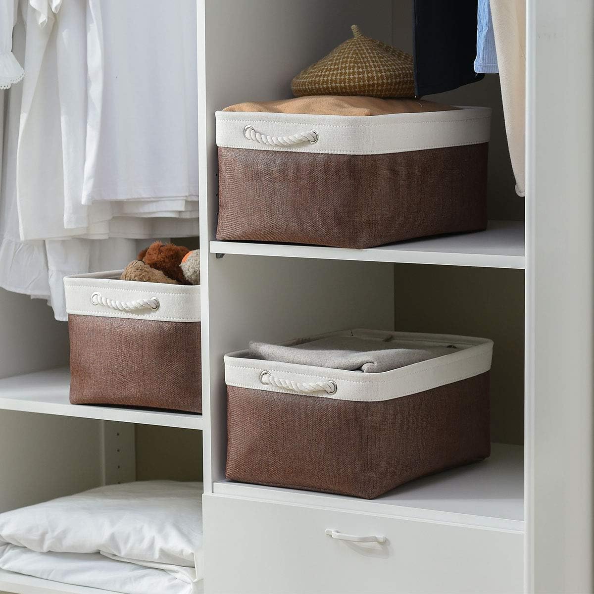 Organization and Storage Basket for Organizing - 16x12x8 inch Large 4 Pack Fabric Storage Cube Collapsible Storage Bins for Shelves, Storage Box for Cloth Books Canvas(White & Flaxen)