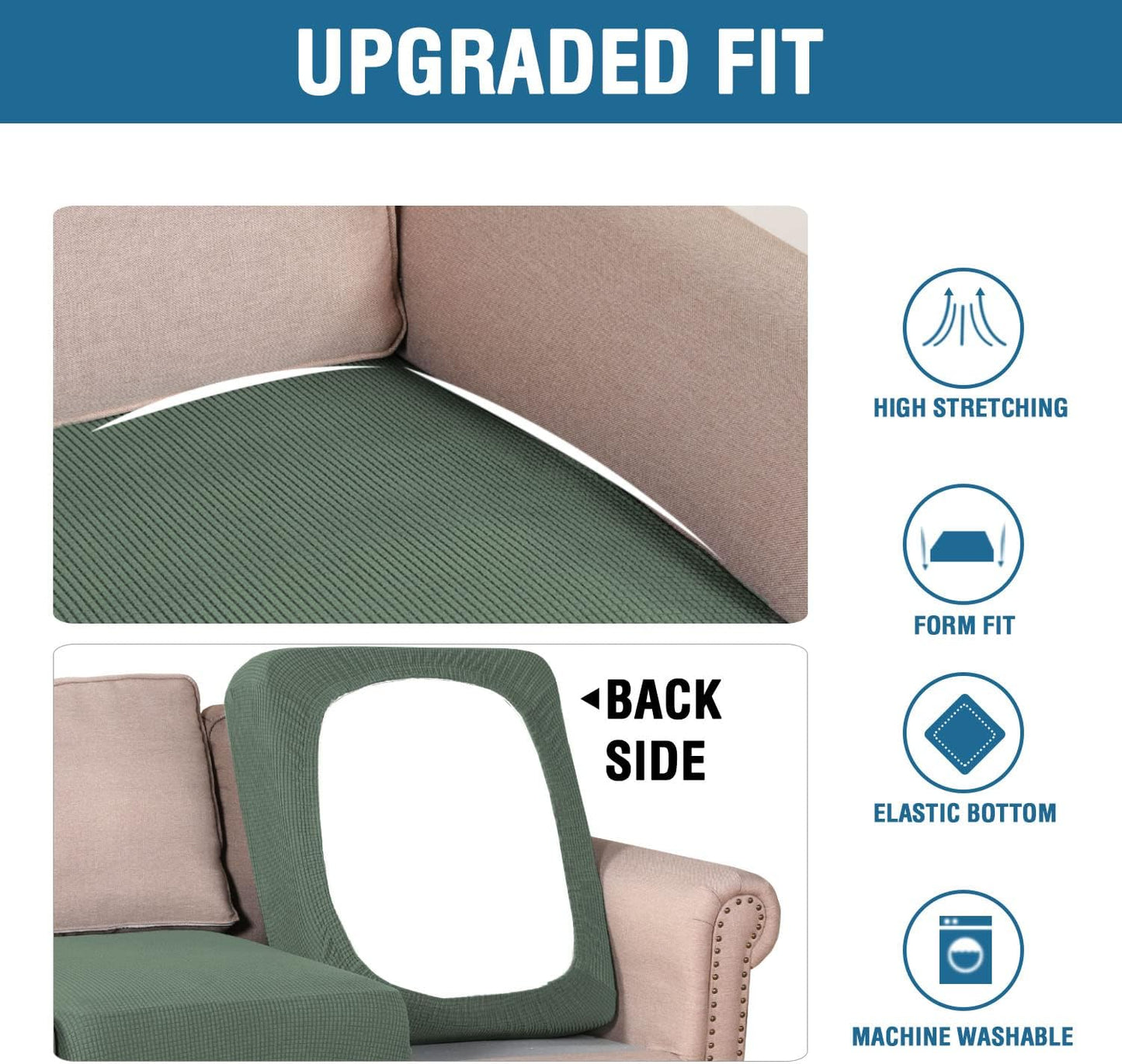 H.VERSAILTEX Super Stretch Individual Seat Cushion Covers - Sofa & Couch Cushion Slipcover Sets - Thick Jacquard Textured Twill Fabric (3 Piece XL Sofa Cushion Covers, Loden Frost)