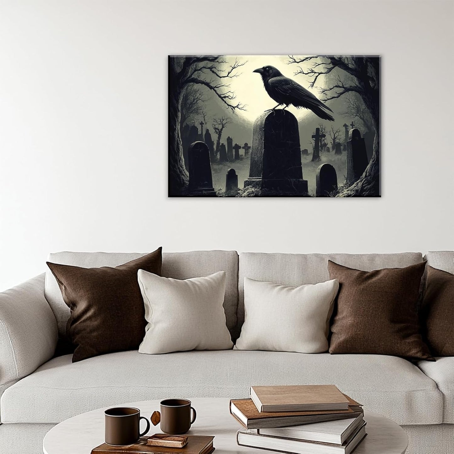 Crow Canvas Wall Art Gothic Black Bird On Branch Painting Print Spooky Forest Full Moon Scenery Poster Artwork Framed Halloween Home Decor(Artwork-3,24"x36")
