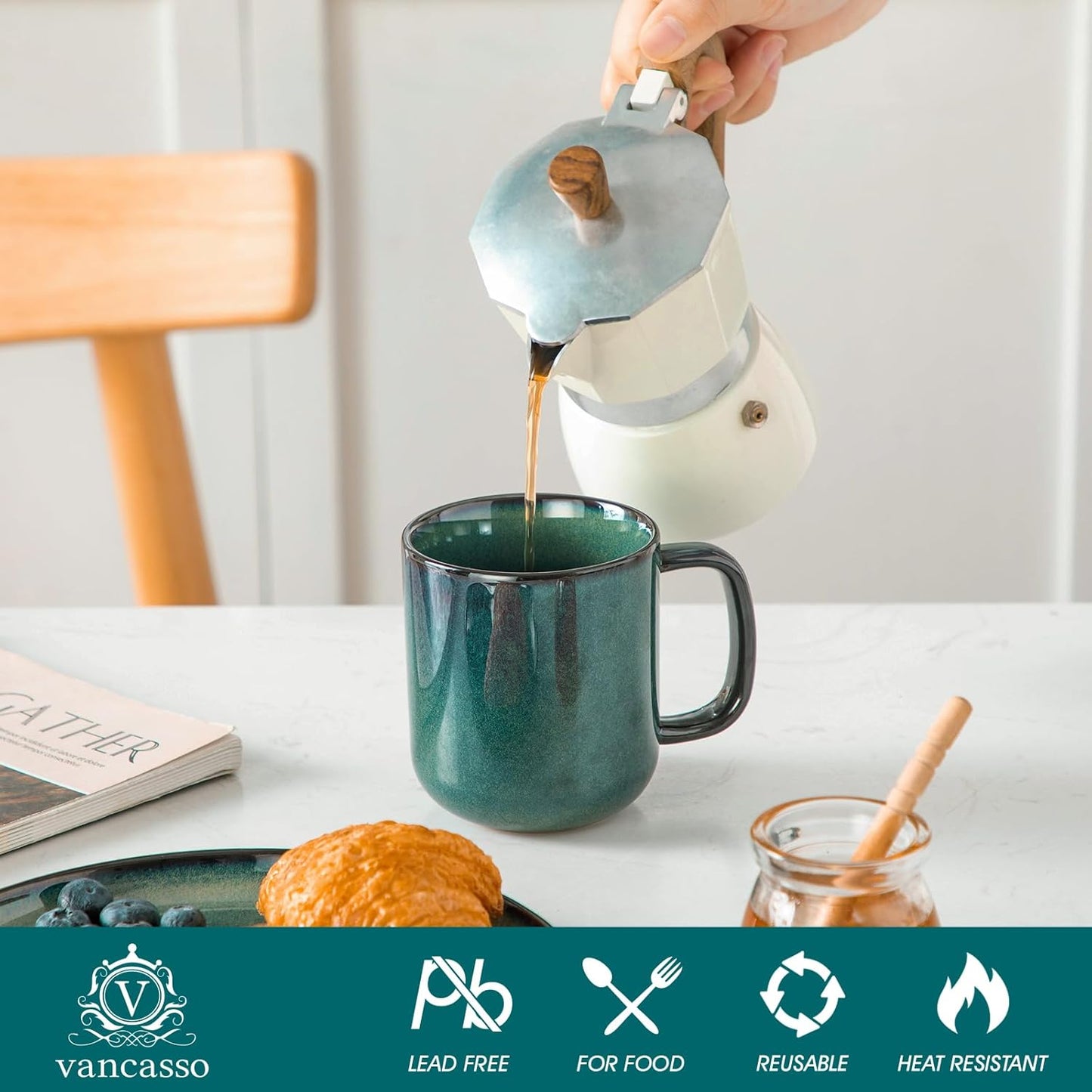 vancasso STARRY Coffee Mugs Set, 12 oz Ceramic Coffee Cups for Latte Hot Tea Cappuccino Cocoa Milk Stoneware Cups Set of 6, Dishwasher & Microwave Safe, Green