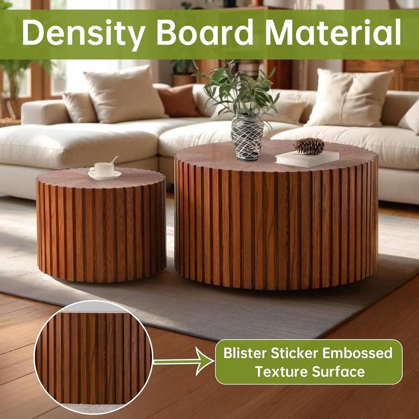 Round Nesting Coffee Table Modern Brown Fluted Coffee Table Set of 2 for Living Room Circle Drum Coffee Tables Round Nesting Tables for Small Spaces (Walnut 27in)