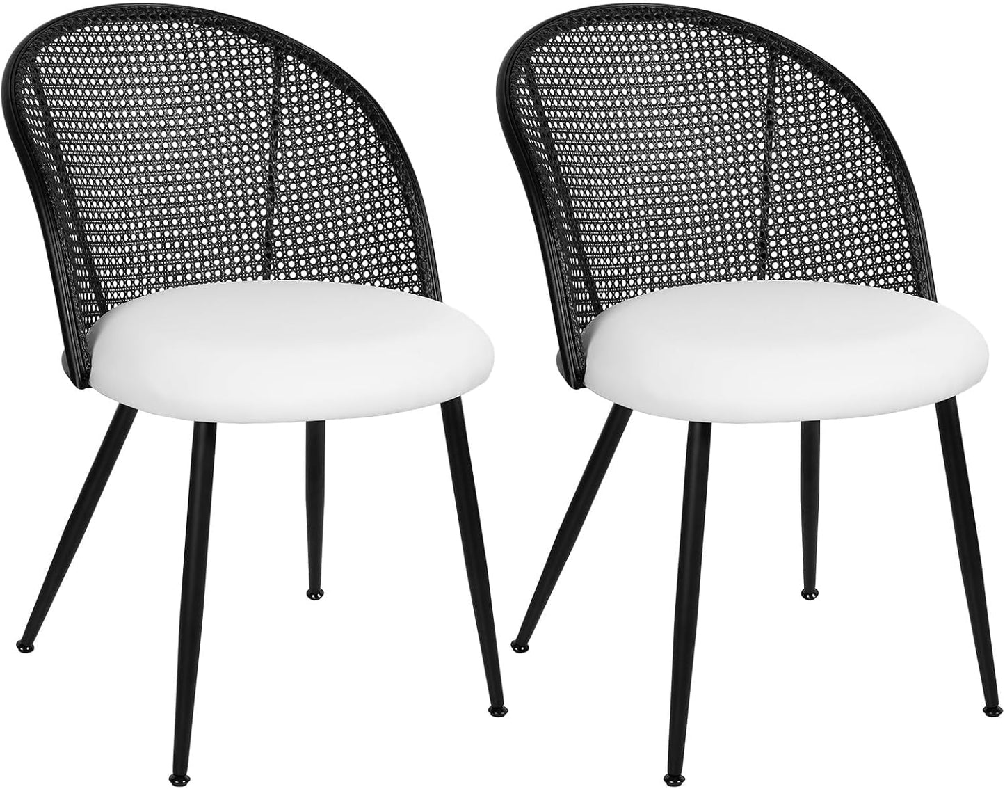Rattan Dining Chairs Set of 2, Faux Leather Upholstered Dining Chairs with Black Cane Back, Mid-Century Modern Farmhouse Armless Accent Chairs for Kitchen Dining Room, Restaurant,White