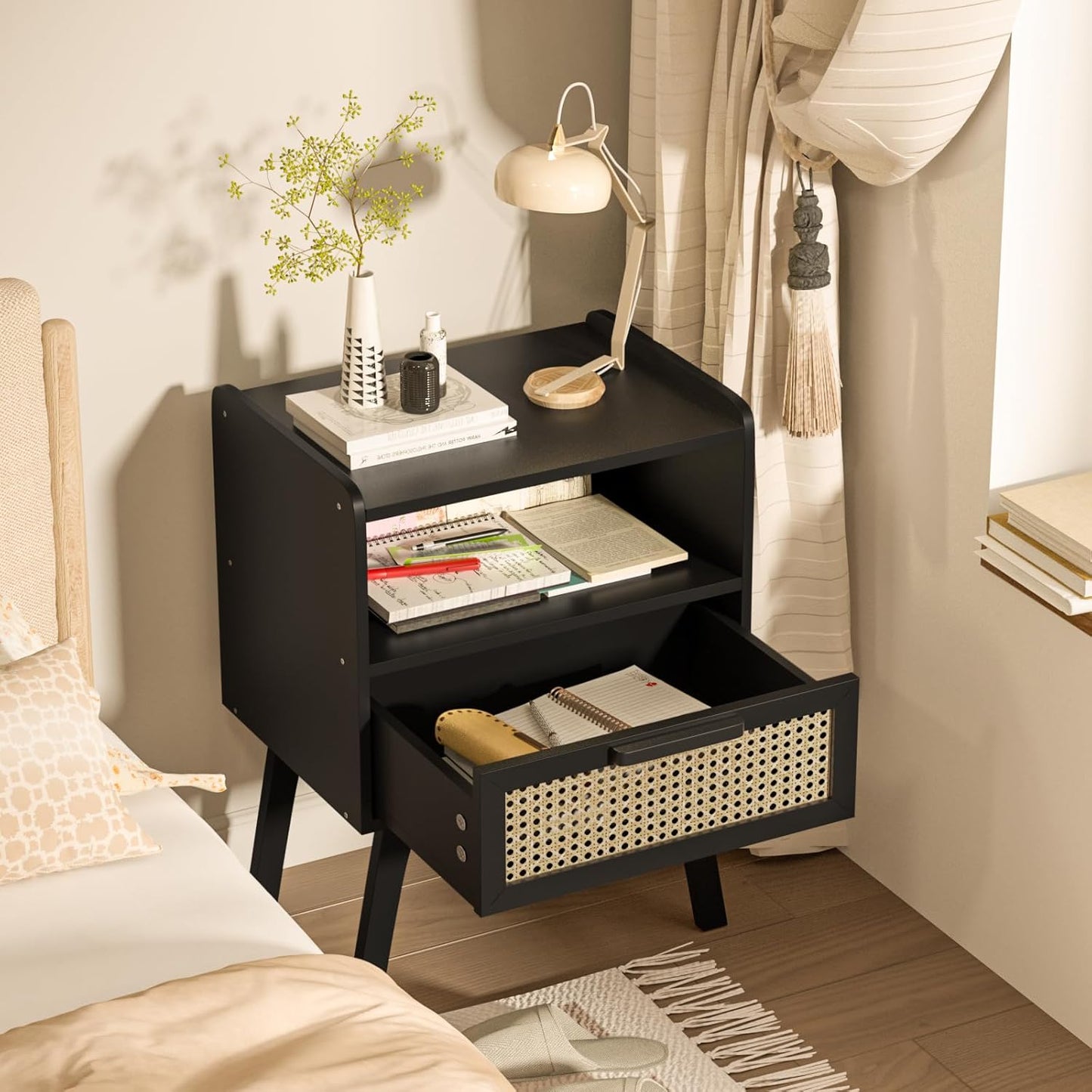 Lerliuo Rattan Nightstands Set of 2, Bedside Table with Drawer Open Shelf, Cane Accent Side End Table with Solid Wood Legs, Black Mid Century Night Stand for Bedroom, Dorm and Small Spaces
