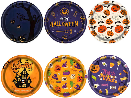 48 PCS Halloween Paper Plates 7 inch, Bat Castle Skull Pumpkin Party Plates Disposable Cake Dessert Plate for Halloween Party Decorations
