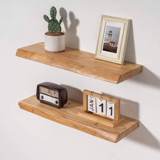 Axeman 24 inch Floating Shelves for Wall - 8'' D Live Edge Rustic Solid Elm Wood Floating Shelves Wall Mounted, Wall Shelves with Invisible Bracket for Living Room Bedroom Kitchen, Set of 2 Natural