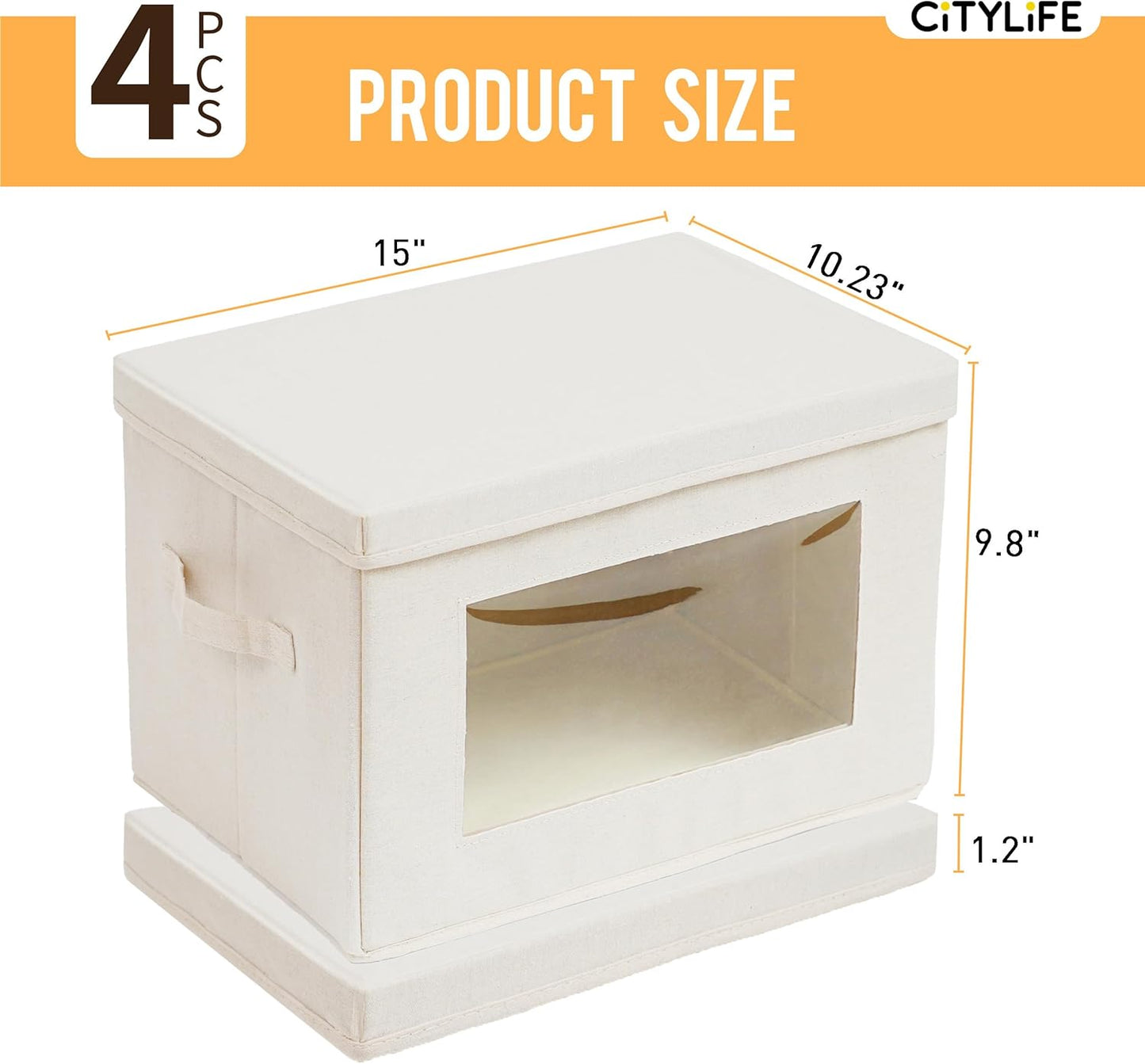 Citylife 4-Pack Storage Bins with Lids, Fabric Foldable Storage Bins with Soft Cord Handles, Cube Closet Storage Baskets with Lids, Organizers for Organizing Clothes and Books, Beige