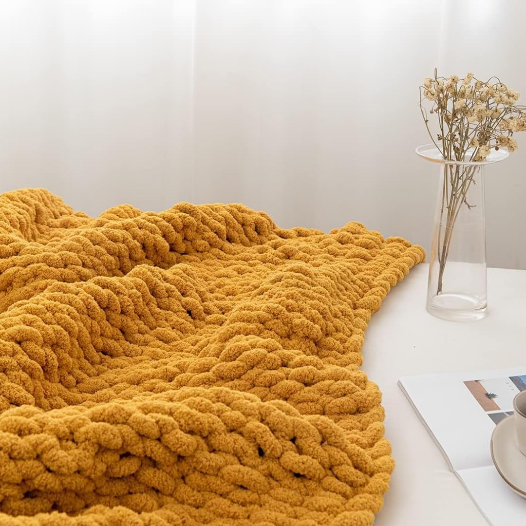 Chunky Knit Blanket Throw 48"*71", Hand Knitted Warm Chenille Throw Blanket, Home Decor Soft Thick Yarn Cable Knit Blanket,Soft Breathable Fleece Banket Christmas for Couch Bed Sofa Best Gift (Yellow)