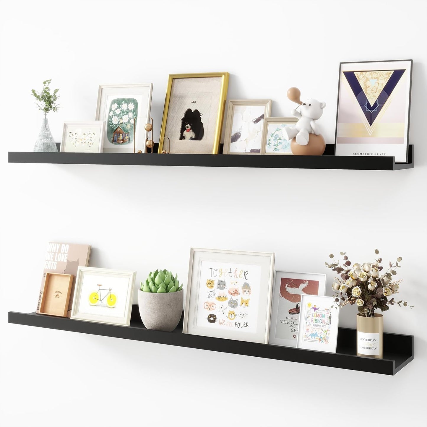 Picture Ledge Shelf, Wood Floating Shelves Set of 2, 36 inch Picture Ledge Shelves, Photo Ledge Nursery Book Shelves Wall Mounted for Living Room Kids' Room Bedroom, Color Black