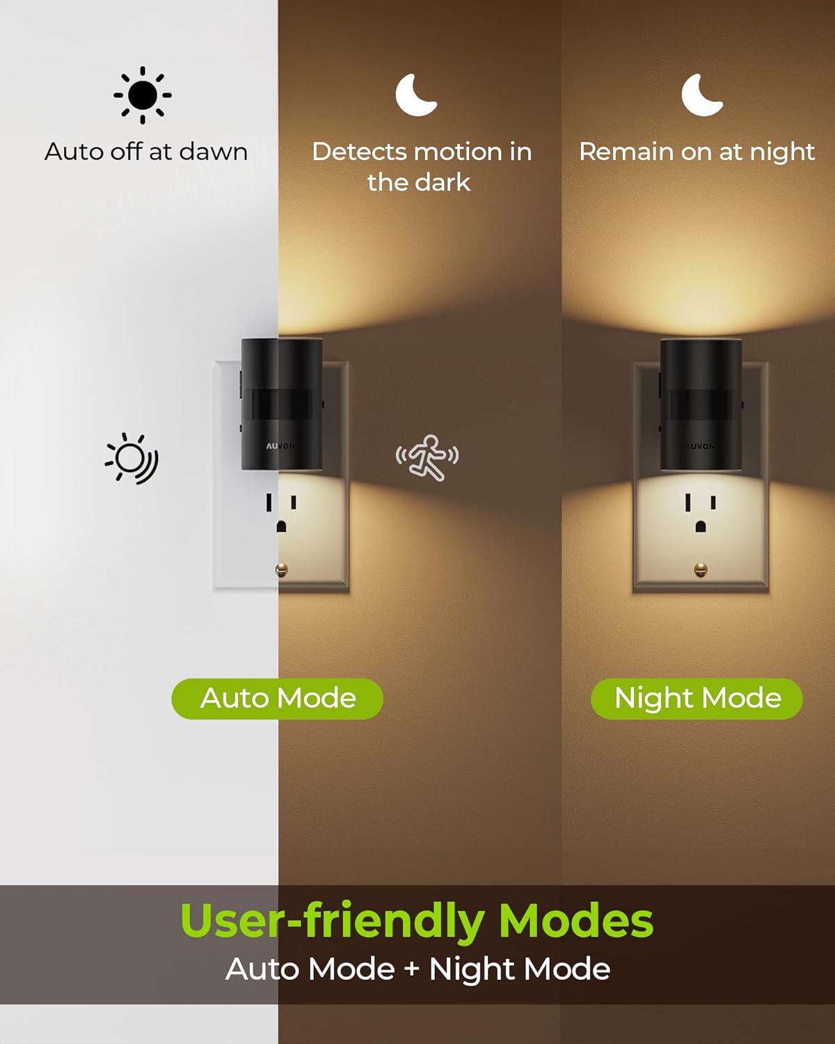 AUVON LED Night Lights Plug into Wall, Dimmable Night Light with Motion Sensor, Dusk to Dawn Sensor & Rotatable Design, 1-100LM Adjustable Brightness Warm White for Bedroom, Hallway, 2-Pack