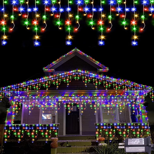 QITONG Multicolor Icicle Christmas Lights Outdoor, 33ft 400 LED Icicle Lights Indoor, Clear Wire Connectable String Lights Plug in with 8 Modes
