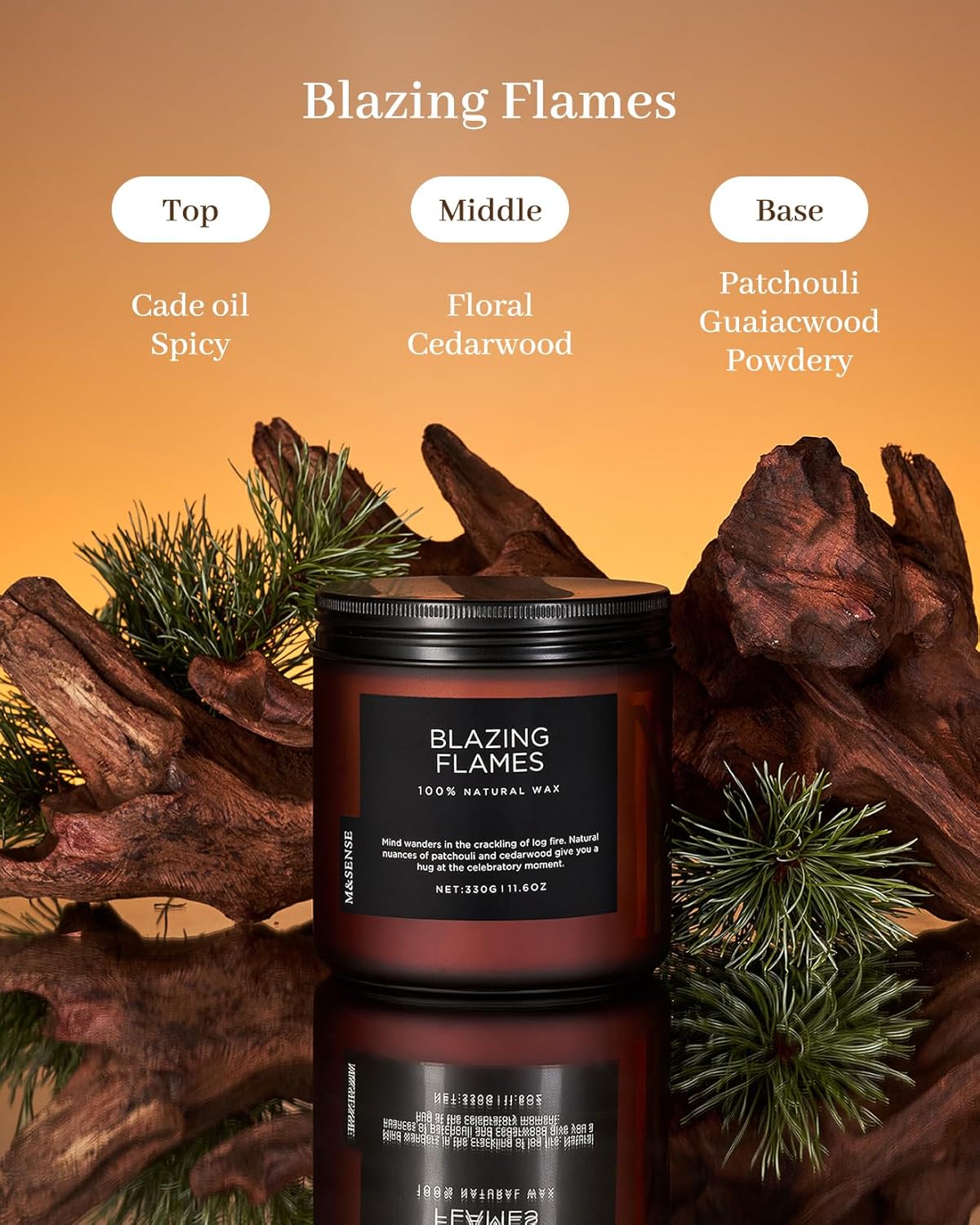 M&SENSE Blazing Flame Scented Candles with Log Fire - Cade & Patchoulli Scent, 70 Hours 11.6oz Natural Soy Wax for Home Decor Housewarming Gift, 2 Cotton Wick Candle for Celebration