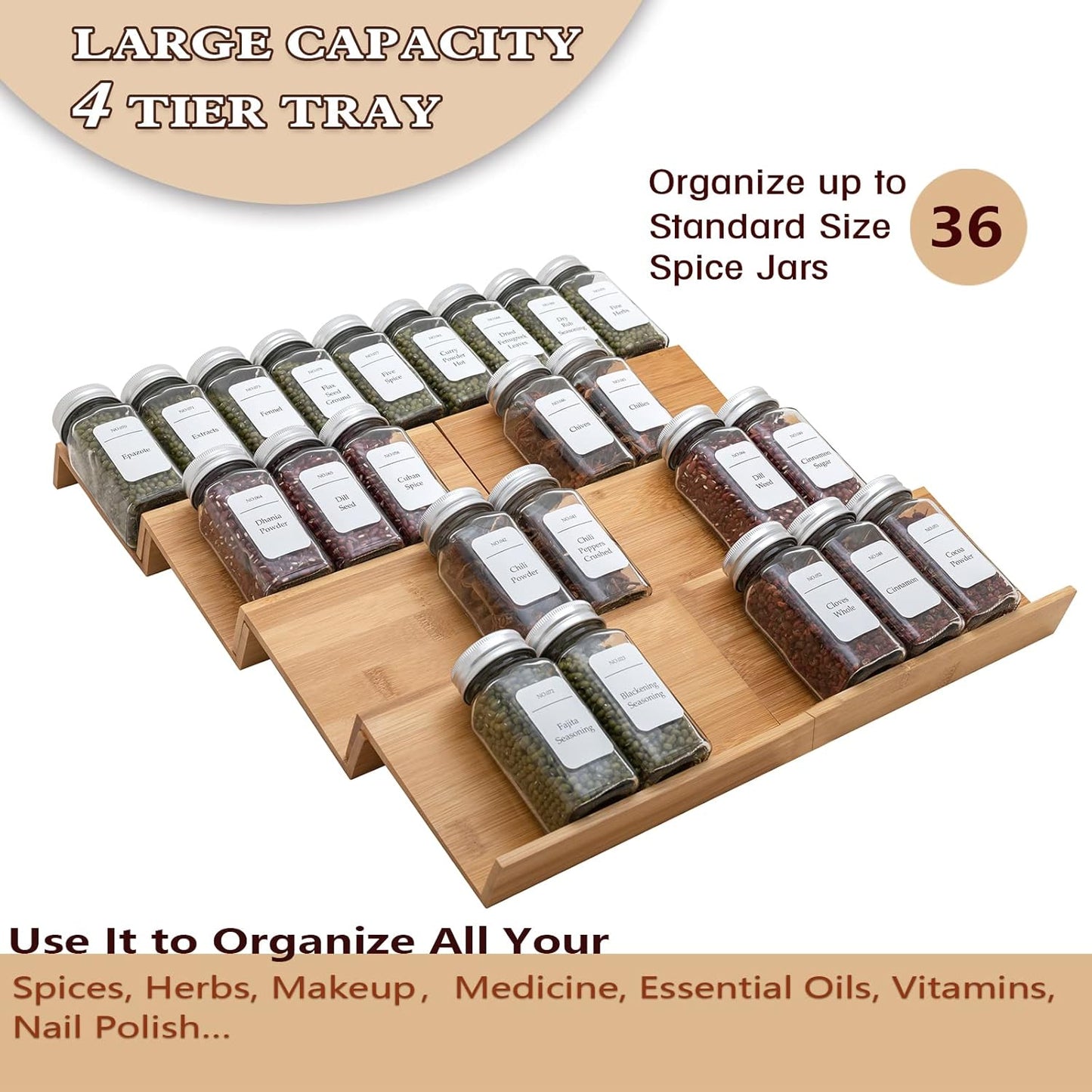 Bamboo Spice Rack Drawer Organizer - 8 Piece Set - 8" or 16" Wide