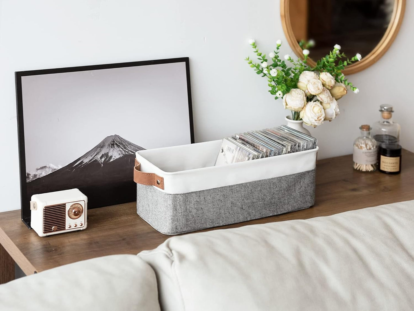 StorageWorks Narrow Storage Bins, Small Basket for Closet and Shelves, Fabric Organizer with Handles, Toilet Paper Storage, Grey and White, 2-Pack