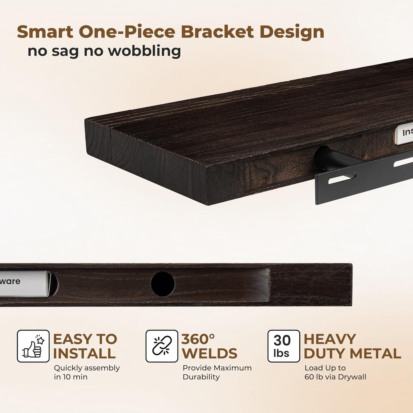 Axeman Floating Shelves for Wall - 40''W x 8'' D Rustic Solid Elm Wood Shelves for Storage, Wall Mounted Display Shelving with Invisible Heavy-Duty Metal Bracket (Walnut, 2PCs)