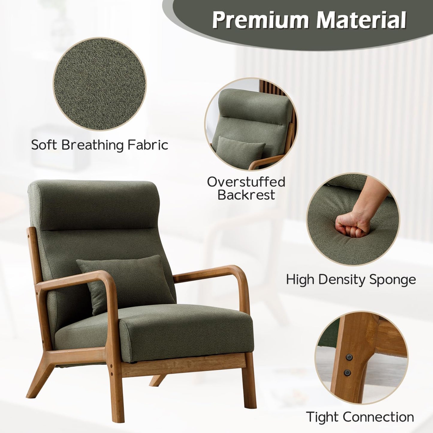 INZOY Mid Century Modern Accent Chair with High Back, Upholstered Living Room Chairs with Waist Cushion, Wood Frame Reading Armchair for Bedroom Sunroom, Green