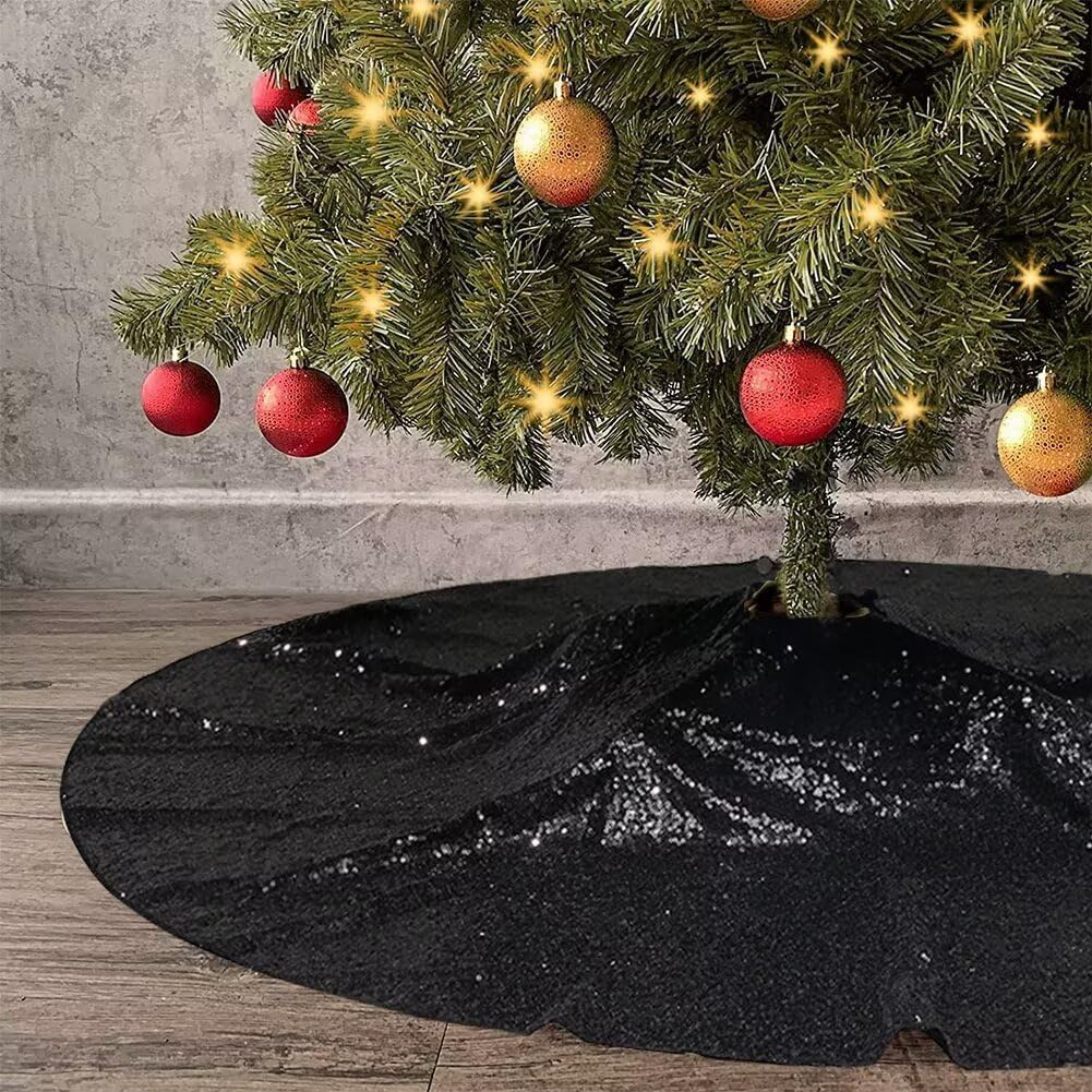 Eternal Beauty Christmas Tree Skirt, 50 Inch Black Halloween Sequin Tree Skirt Small Xmas Tree Skirt for Christmas Tree Decorations