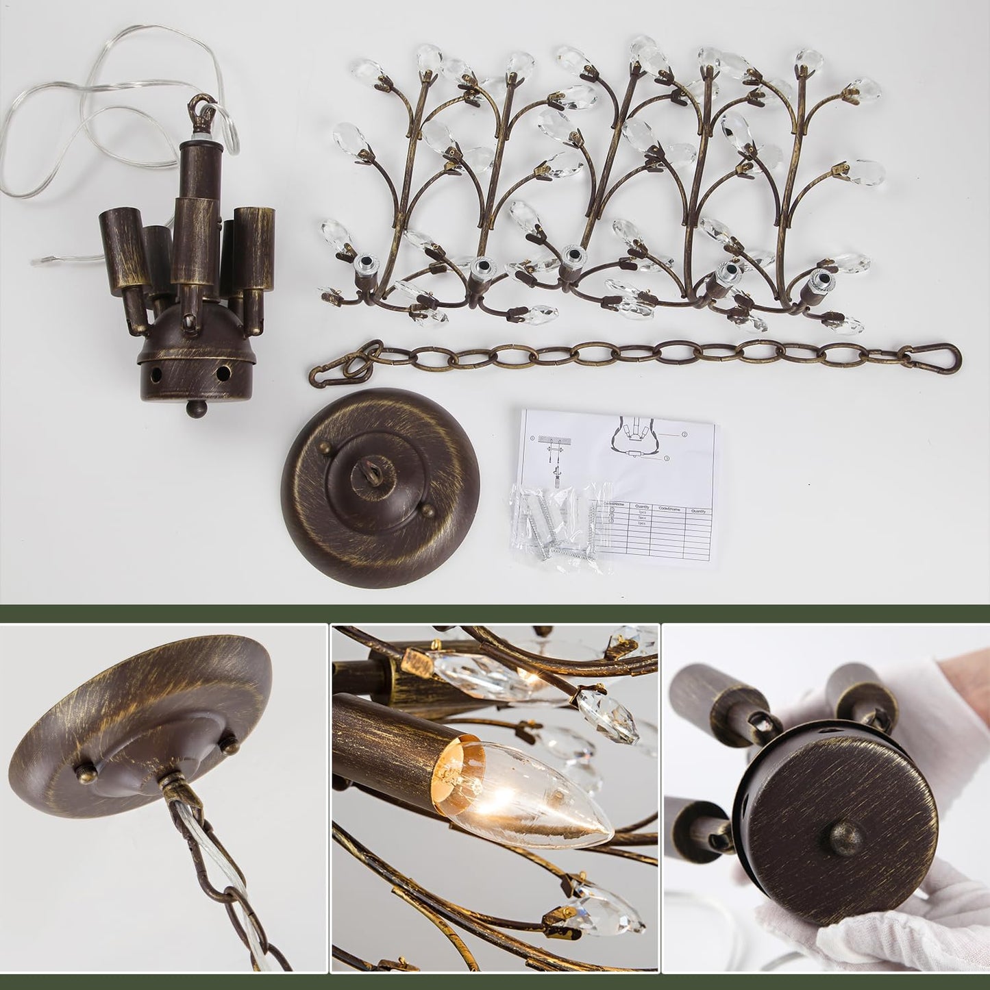 5-Light Vintage Crystal Branch Chandelier Farmhouse Hanging Pendant Light Fixtures for Living Room Dining Room Foyer Kitchen Island Hallway, Aged Bronze