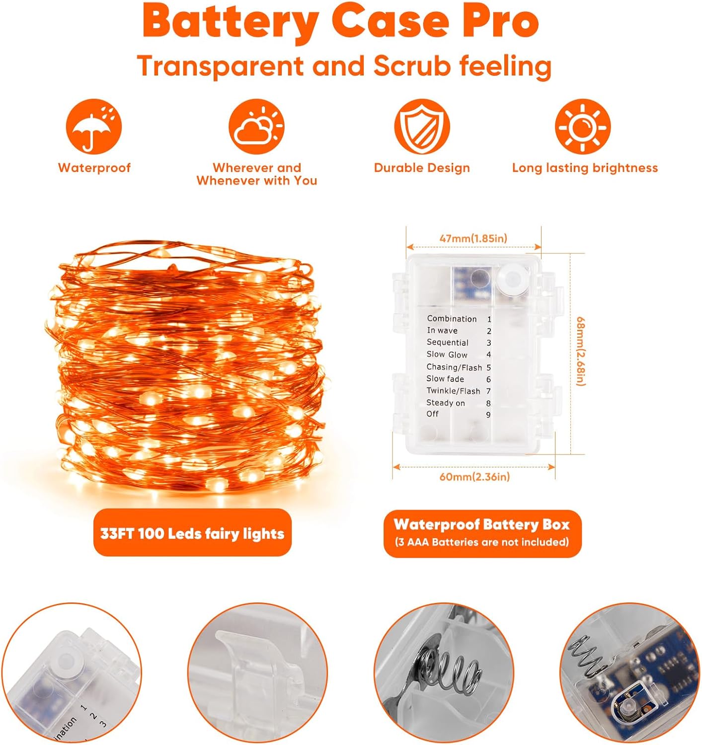 4 Pack 32.8 Ft. Battery Operated Outdoor String Lights with Remote & Timer, LED Orange Fairy Lights, Waterproof Twinkle Lights for Bedroom, Dorm, Mason Jar, Wedding, Party, Christmas