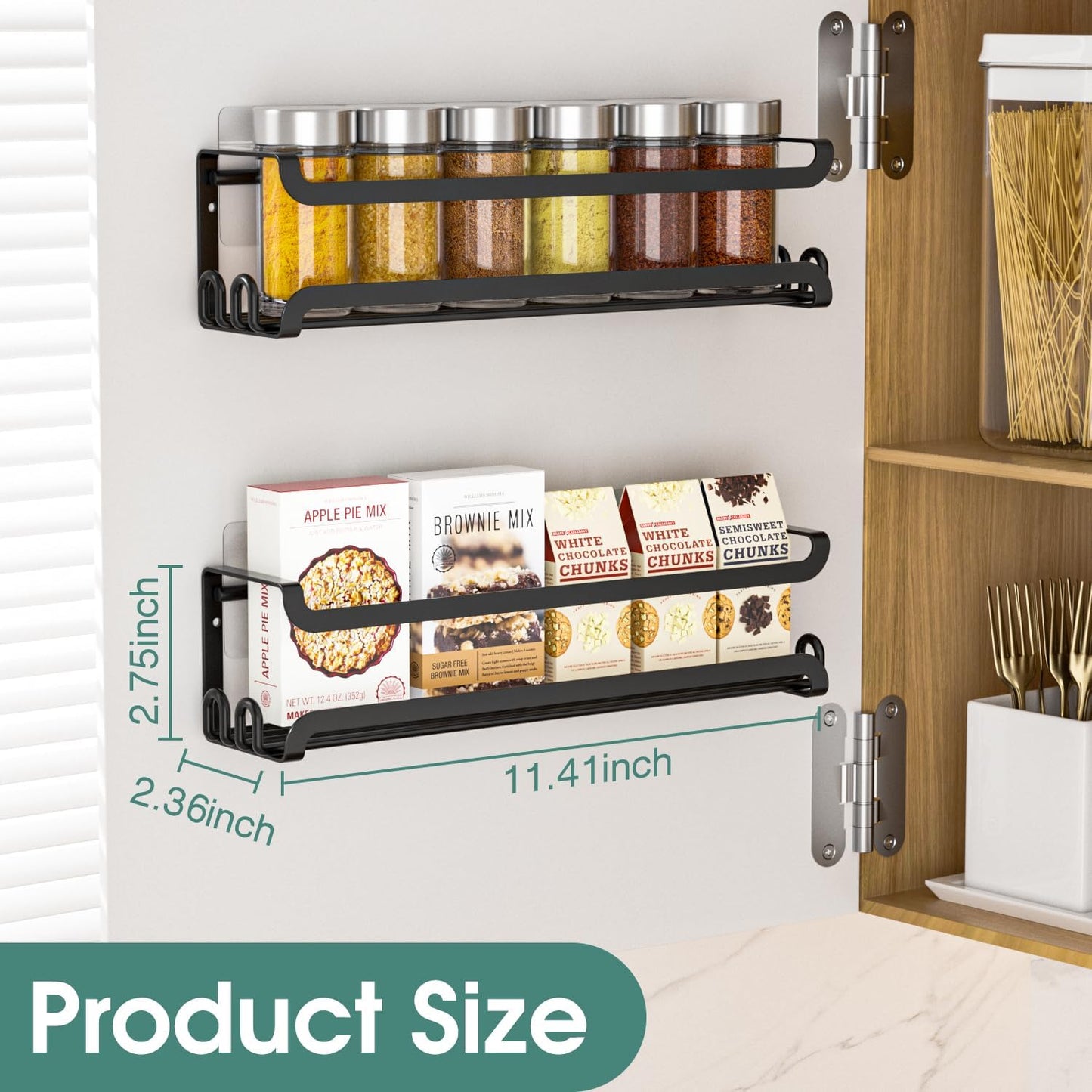 LUCYCAZ 2 Pack Wall Mounted Spice Rack with 16 Hooks, Spice Organizer Shelf for Stove Cabinet Pantry Door,Screw or Adhesive Spice Shelf Hanging Wall Spice Rack in Kitchen and RV (Black, 2 PACK)
