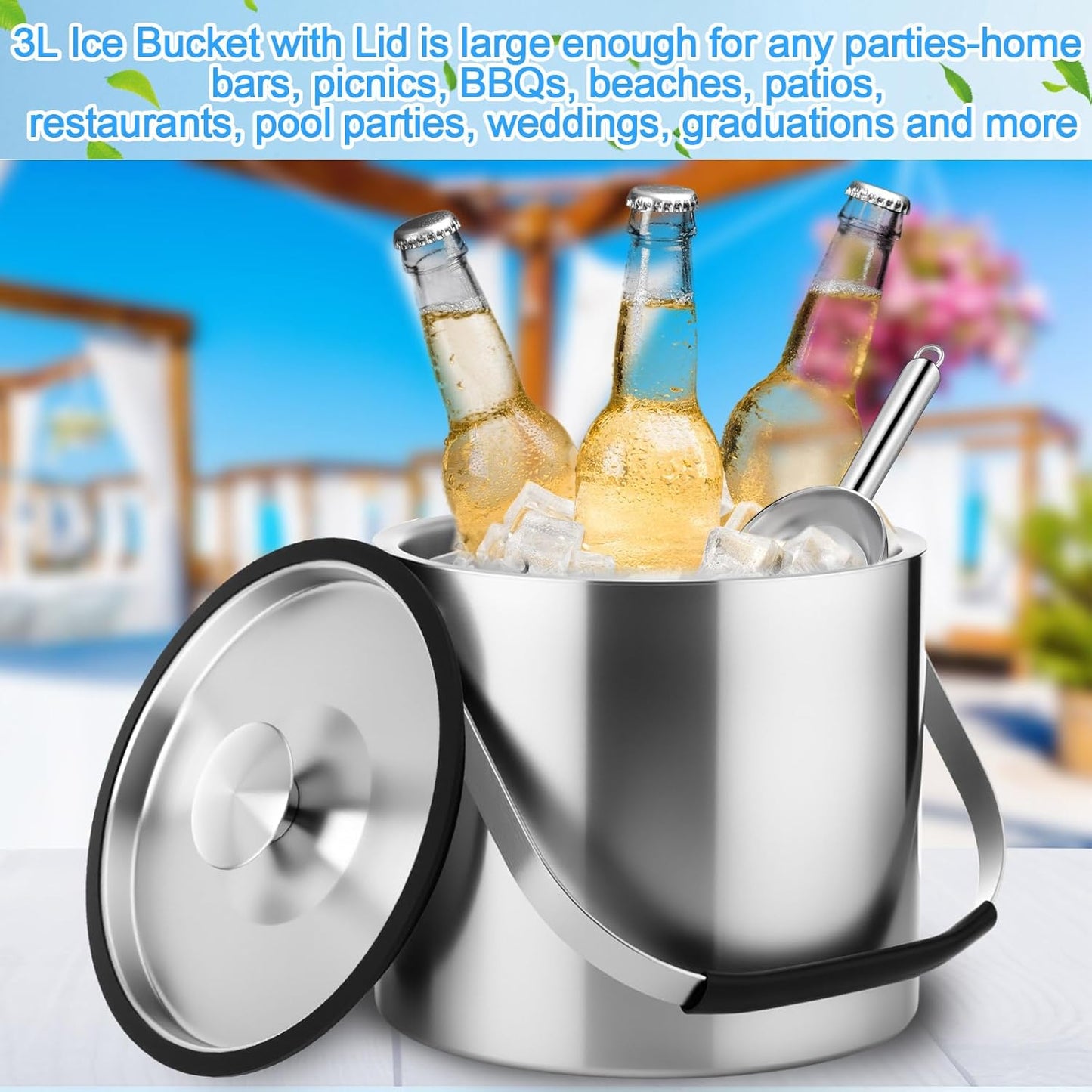 meekoo 3 L Double Wall Insulated Stainless Steel Ice Bucket with Lid, Scoop, Strainer, Handle Large Wine Ice Bucket Upgraded Cover Keep Frozen Longer for Cocktail Bar Parties(Silver)