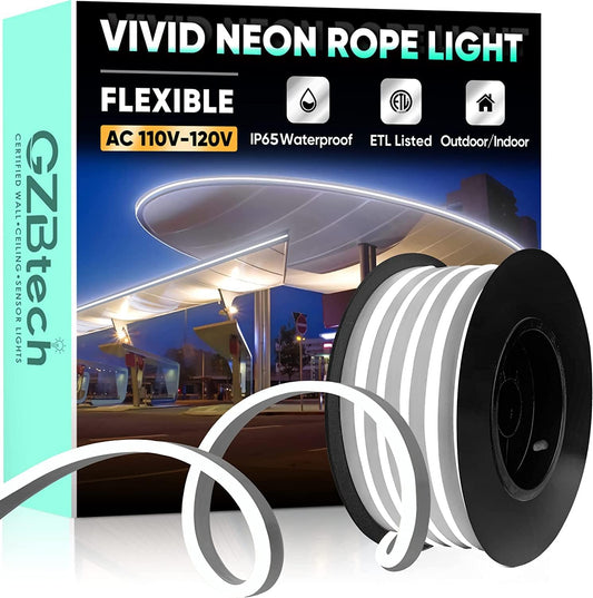 GZBtech Flexible LED Neon Rope Lights 16.4FT,AC 110-120V Waterproof Strip Light, 120 LEDs/M Cuttable Connectable Neon Lighting for Indoor Outdoor Home Decor/Commercial Building Use-Cold White 5M