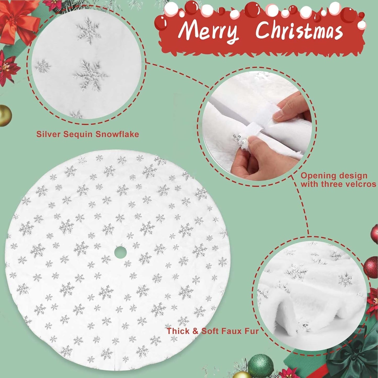 Christmas Tree Skirt, 48 Inch White Luxury Faux Fur & Silver Sequin Snowflakes, 4ft Xmas Tree Skirt for Holiday Tree Ornaments Christmas Party Home Decorations