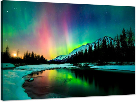 Aurora Borealis Canvas Wall Art Northern Lights Canvas Print Painting for Living Room Snowy-Mountains-Landscape Poster Picture Wooden Framed Prints Ready to Hang(12.00"x16.00")