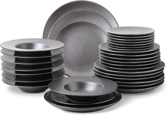 Stone Lain Valencia Porcelain 32-Piece Round Dinnerware Set, Plates and Bowls Set, Dish Set for 8, Metallic Grey