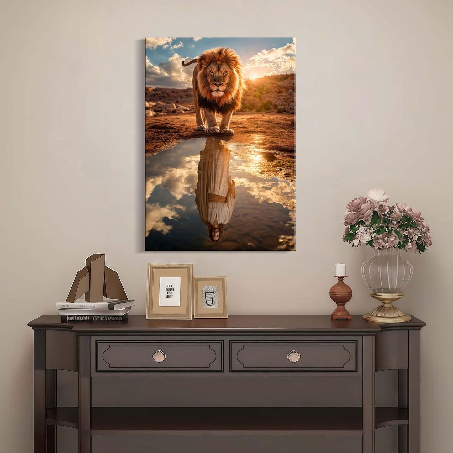 Framed Canvas Wall Painting Lion and Jesus Reflection Religious Poster Inspirational Faith Gallery Picture Print for Living Room and Bedroom Decor 24x36 Inch Ready to Hang