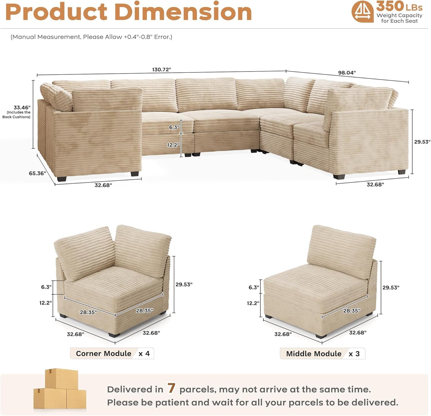 ovios Sectional Sofa Couch with U-Shape Chaise Oversized, Comfy Modular Cloud Couches with Deep Seat, Modern Upholstered Plush Corduroy Sofas Set for Living Room, 7-Seater, Beige