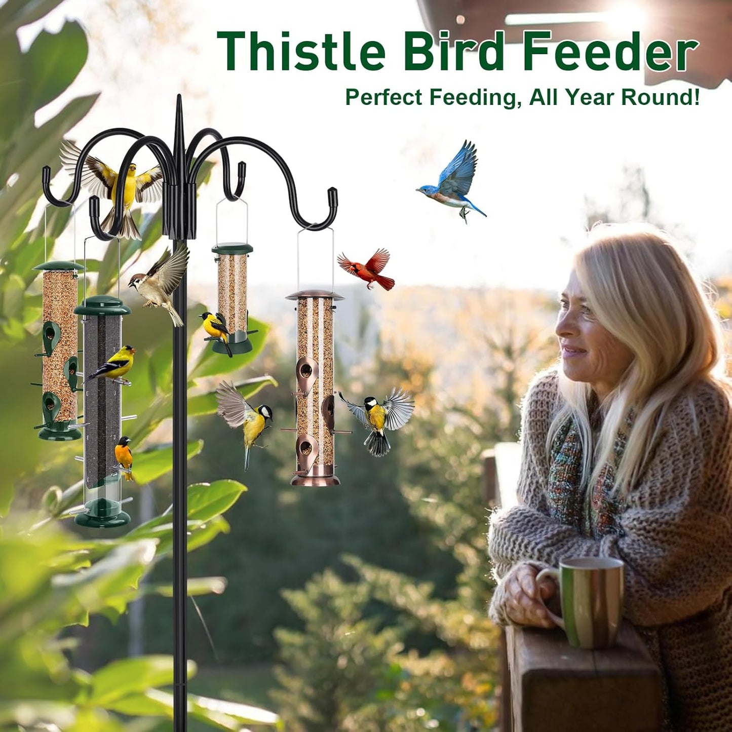 FEED GARDEN Finch Feeders for Outside, Nyjer & Thistle Bird Feeders, 15 Inch Tube Feeder with 12 Small Ports & 8 Perches, Durable Metal Design for Outdoor Hanging, Easy Fill & Clean
