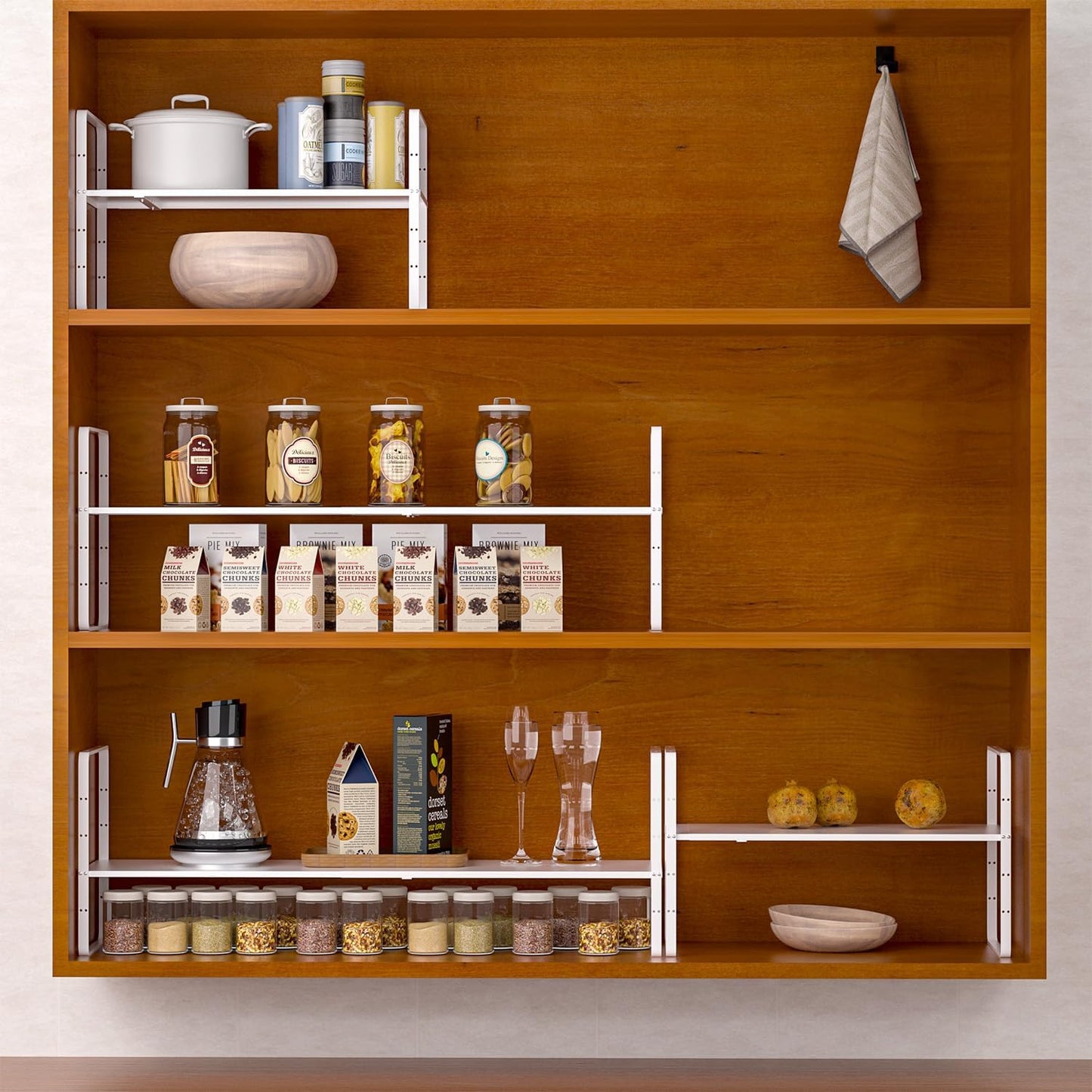 iPEGTOP Expandable Cabinet Storage Shelf Organizer Rack, 2 Pack Heavy Duty Steel Metal Spice Rack Adjustable Height Garage Pantry Shelf Space Riser for Counter Kitchen Organization, White